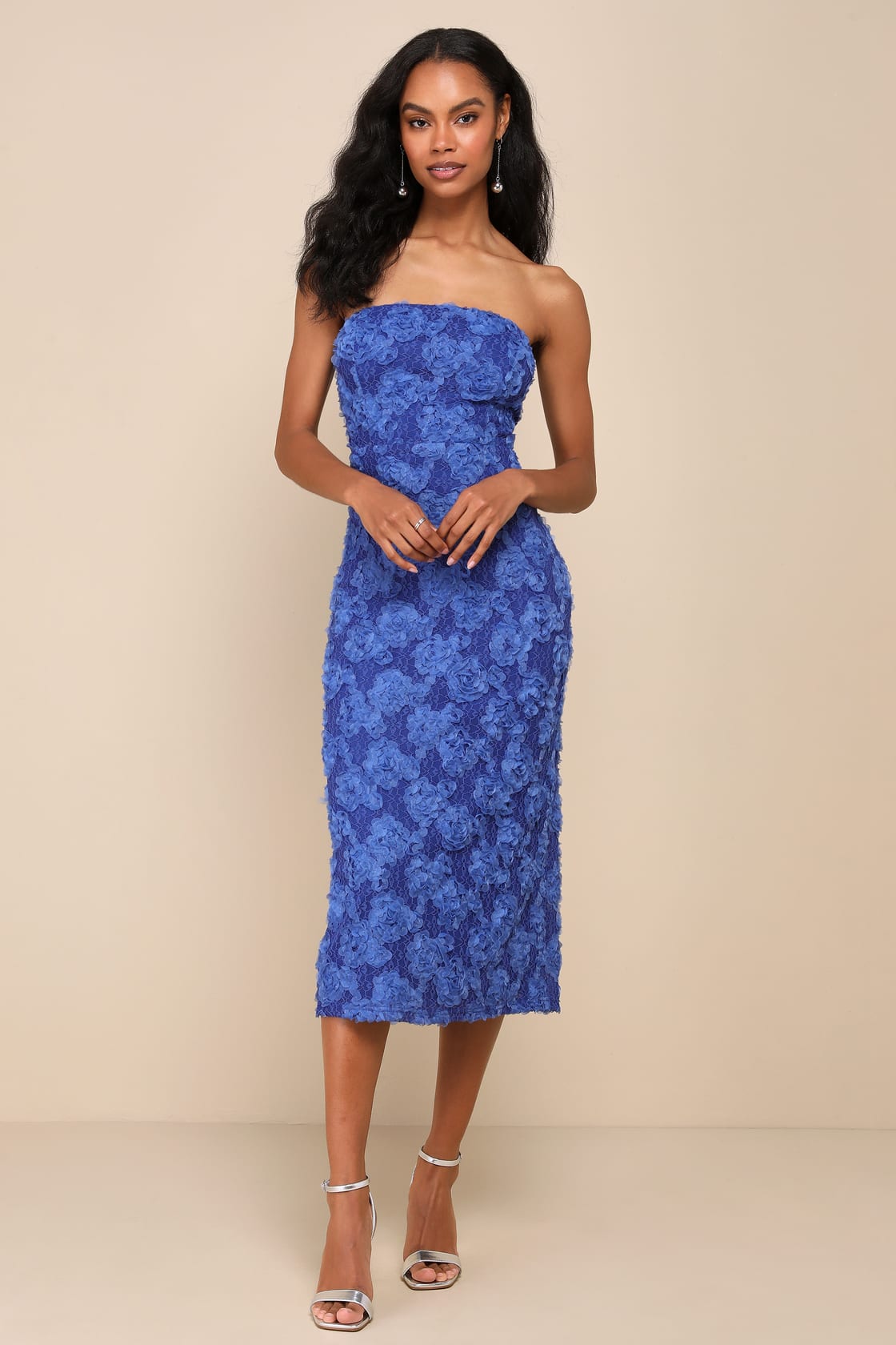 Flawless Perfection Emerald Floral Applique Strapless Midi Dress