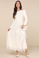 Ultimate Beauty Ivory Cable Knit Ruffled Tulle Maxi Dress