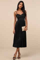 Regal Romance Black Floral Jacquard Pleated Satin Midi Dress