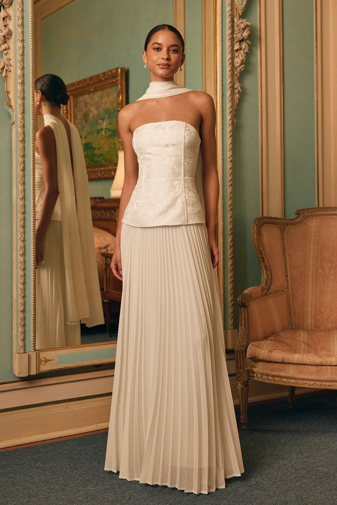 Eloise White Jacquard Pleated Maxi Dress and Scarf Set