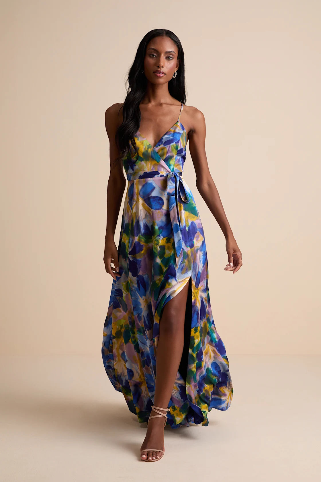 Still the One Blue Multi Floral Print Satin Maxi Dress