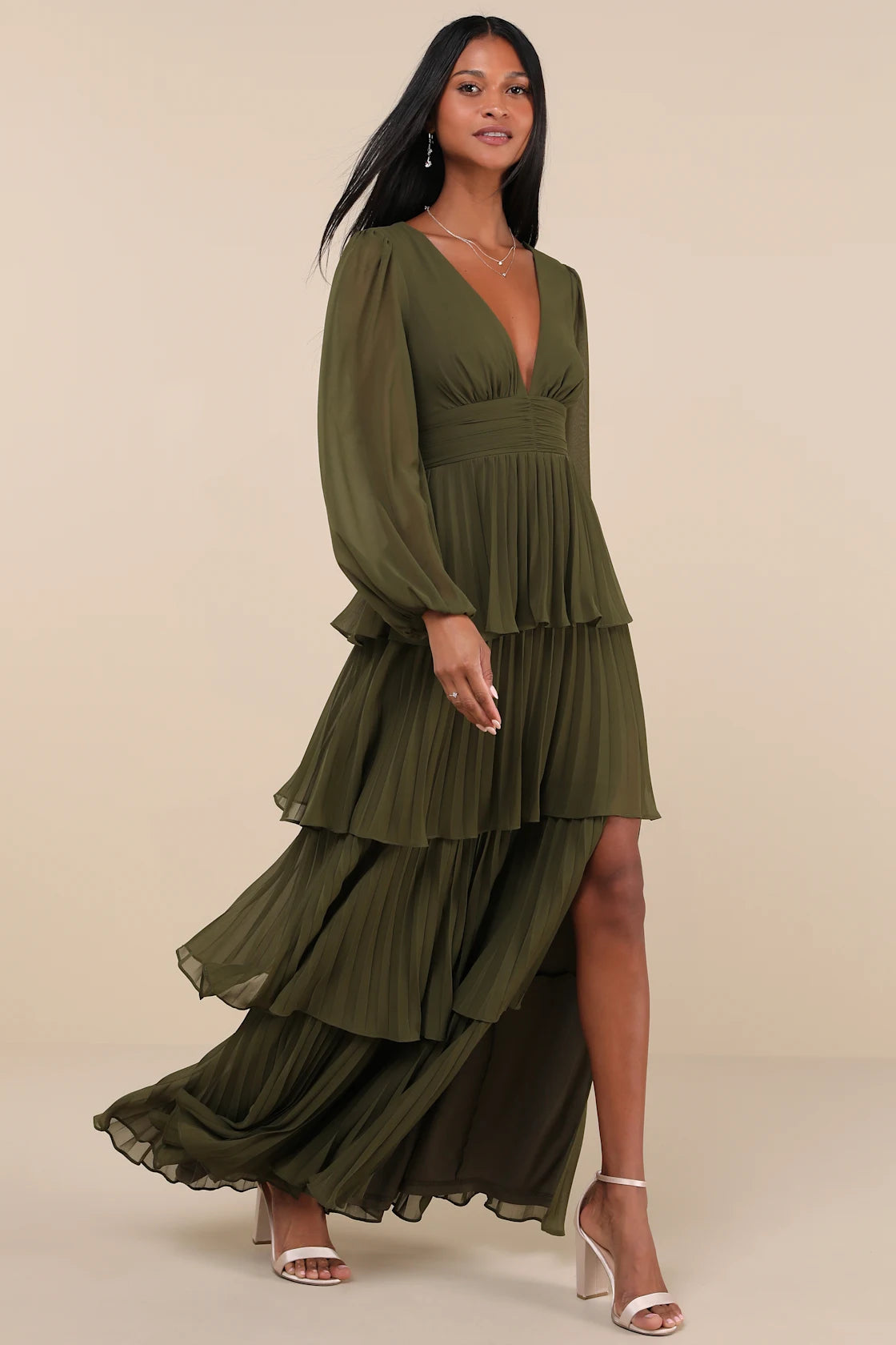 Graceful Finesse Navy Blue Pleated Long Sleeve Maxi Dress