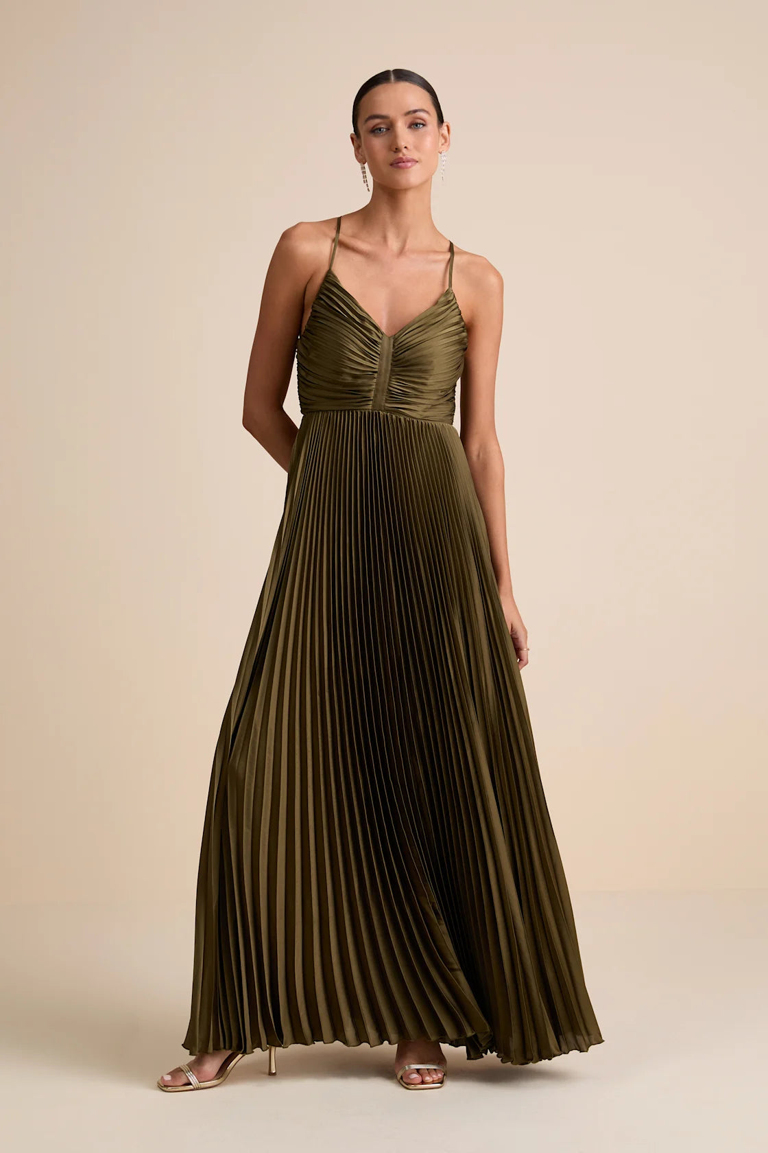 Dreaming in Color Coral V-Neck Pleated Satin Maxi Dress