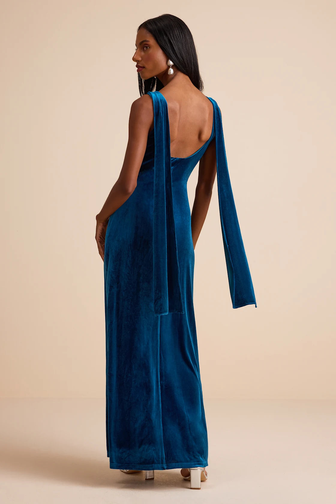Liora Dark Teal Velvet Boat Neck Sash Maxi Dress