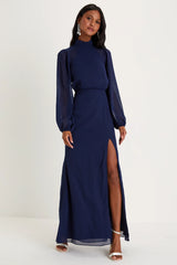 Graceful Entrance Navy Blue Long Sleeve Backless Maxi Dress