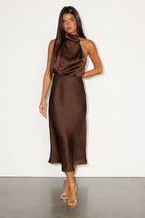 Distinctive Brown Satin Asymmetrical Midi Dress