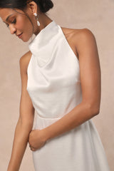Meliana White Satin Halter Backless Maxi Dress