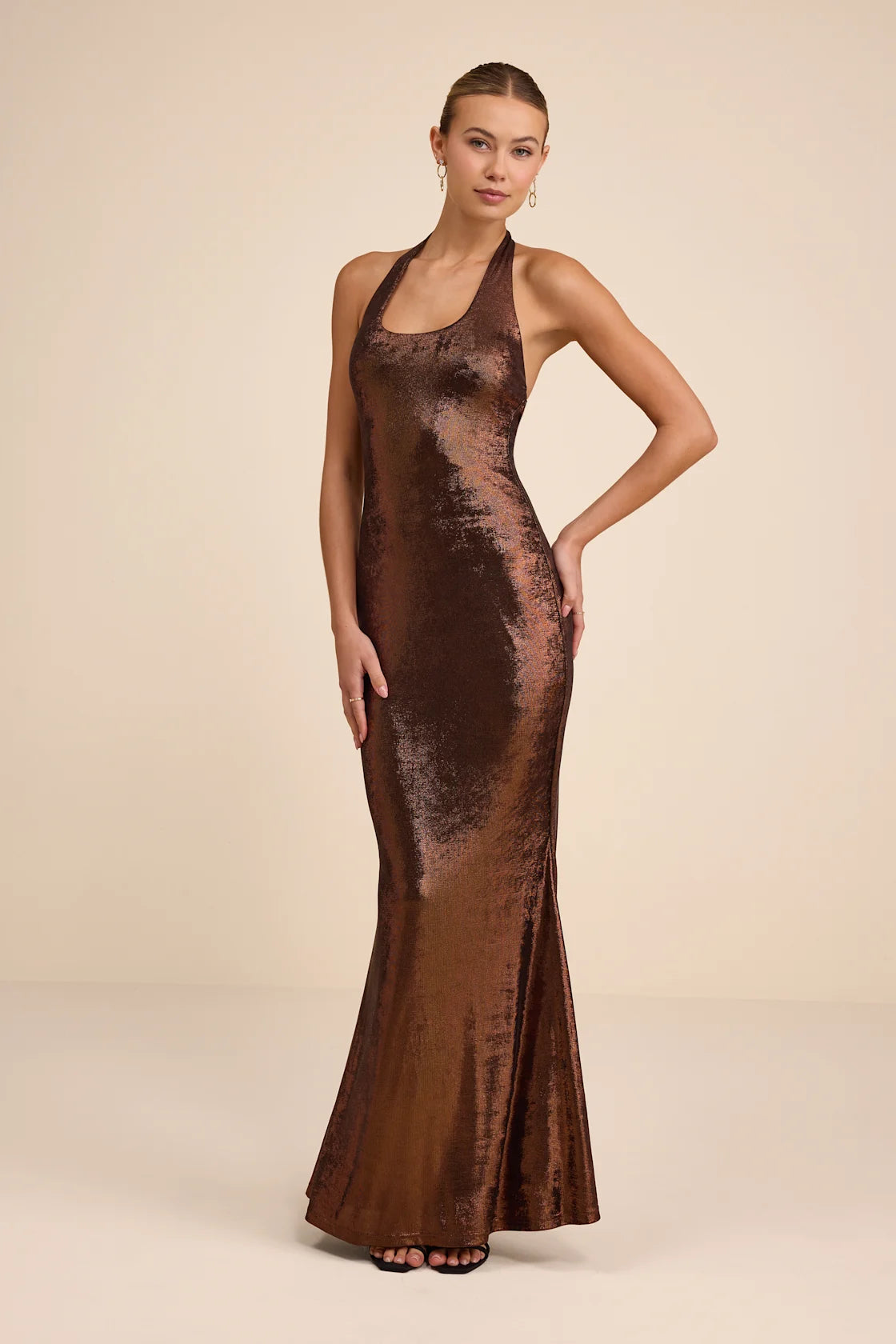 Airla Shiny Bronze Slinky Knit Halter Maxi Dress
