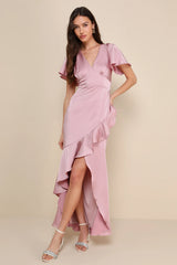 Eternal Bond Emerald Satin Ruffled Flutter Sleeve Maxi Dress