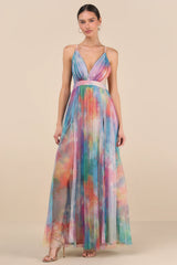 Elegant Moment Multi Watercolor Tie-Dye Backless Maxi Dress