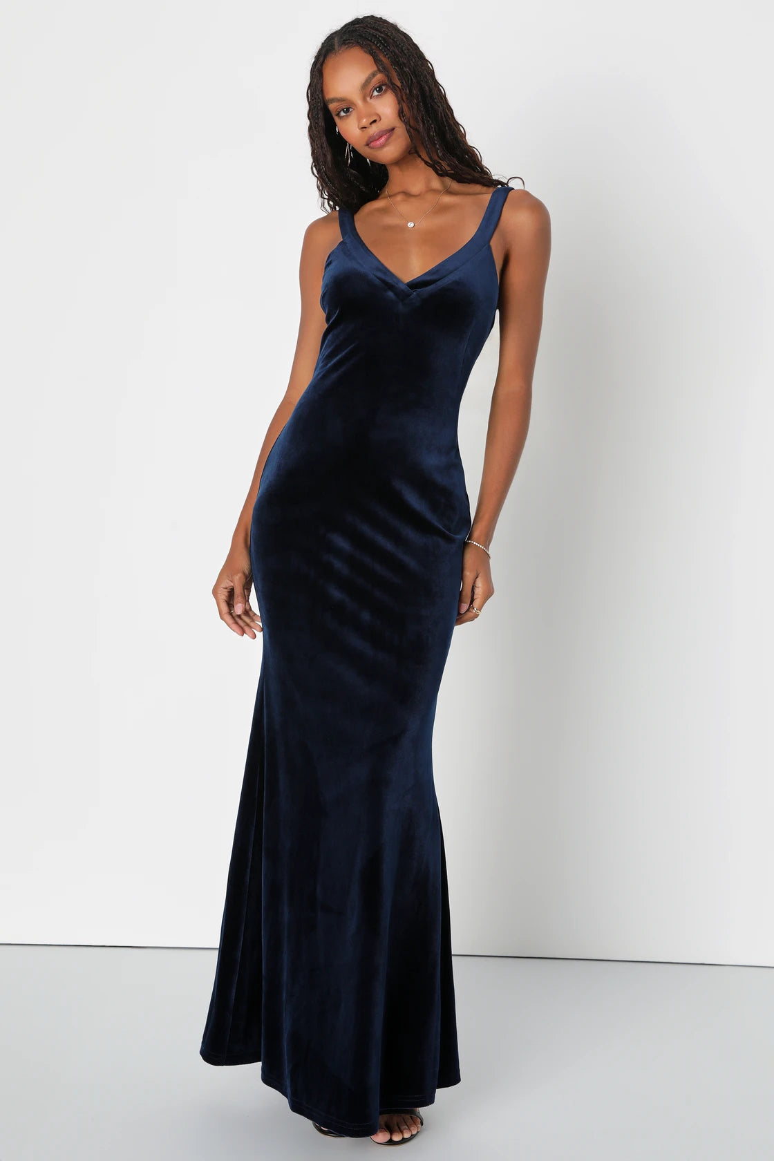 Perfectly Classy Navy Blue Velvet Strappy Maxi Dress