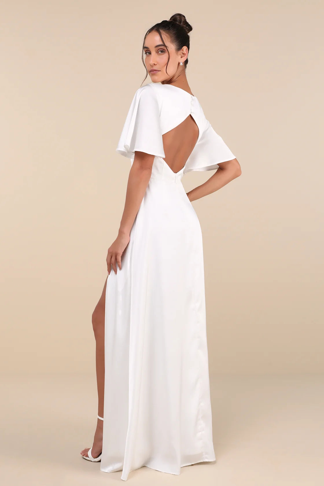 Elegant Confidence Navy Satin Flutter Sleeve Cutout Maxi Dress