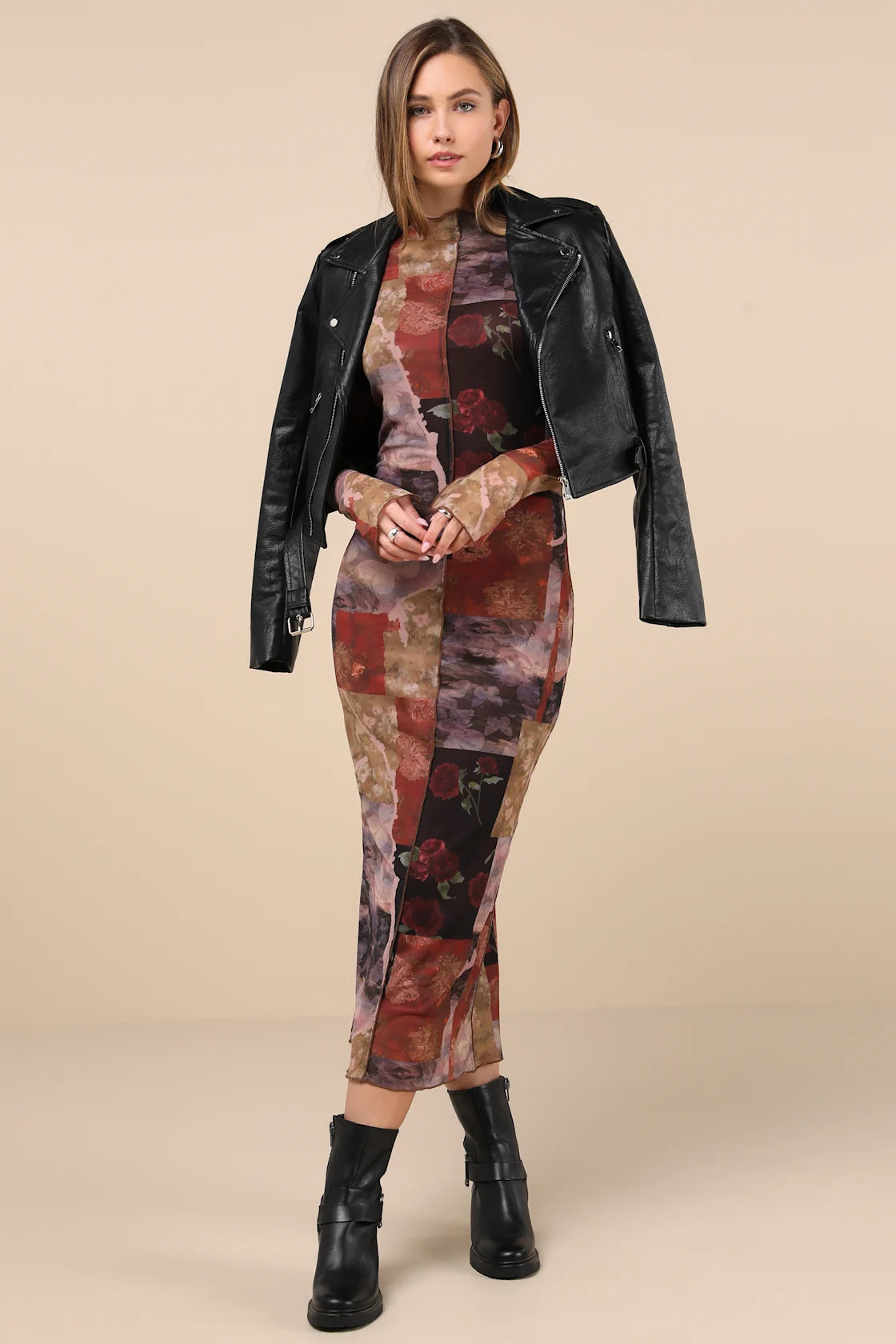 Aesthetic Adoration Multi Floral Mesh Long Sleeve Midi Dress