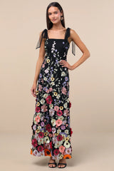 Thriving Poise Teal 3D Floral Embroidered Tie-Strap Maxi Dress