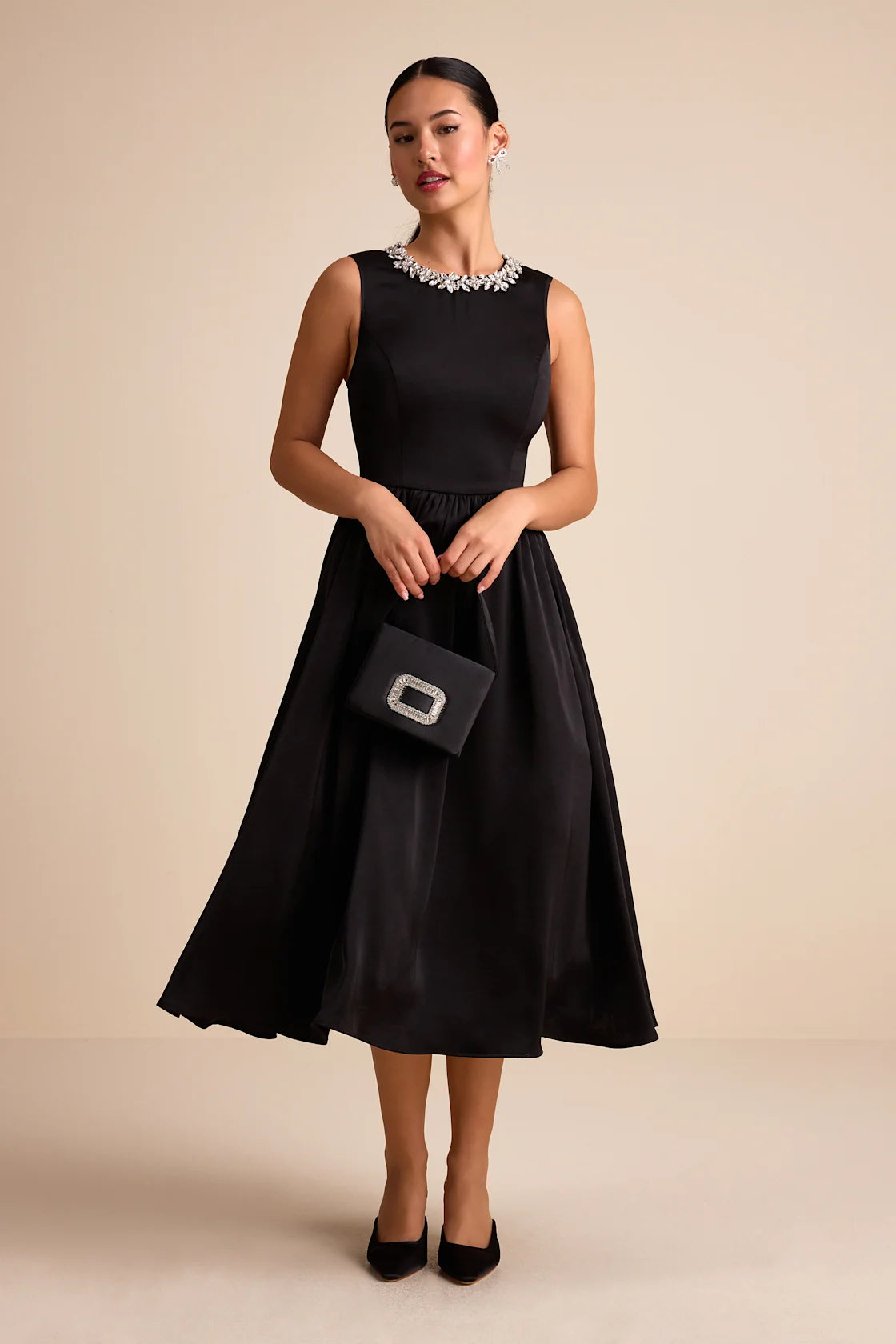 Marietta Black Satin Rhinestone Sleeveless Midi Dress