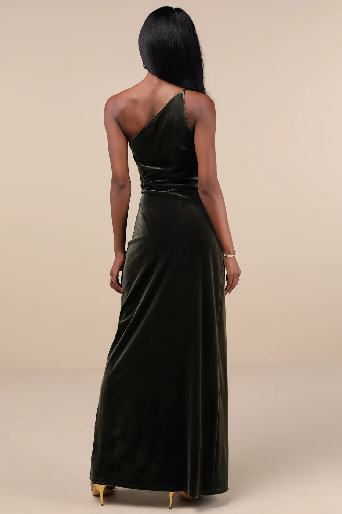 Elegant Era Olive Green Velvet One-Shoulder Maxi Dress