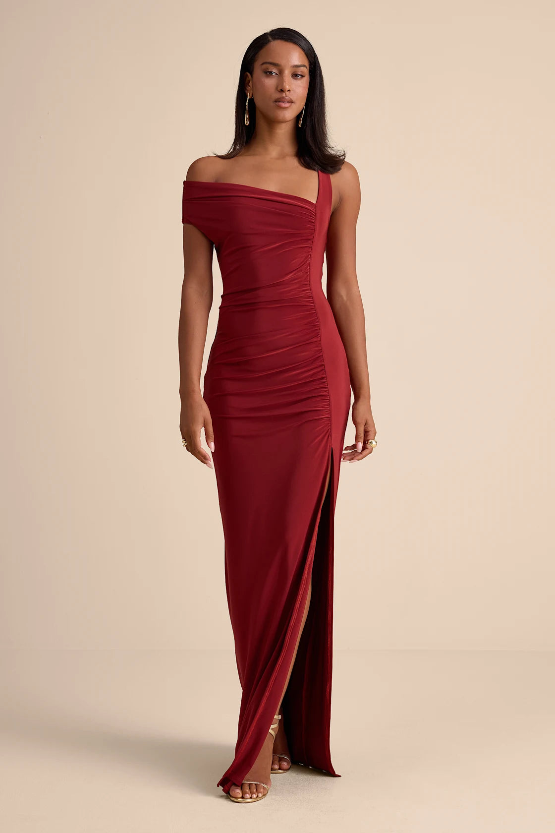 Josie Emerald Green Jersey Knit Ruched Maxi Dress
