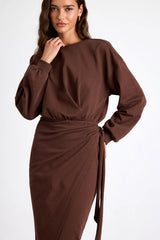 Eunia Charcoal Grey Jersey Knit Long Sleeve Wrap Midi Dress