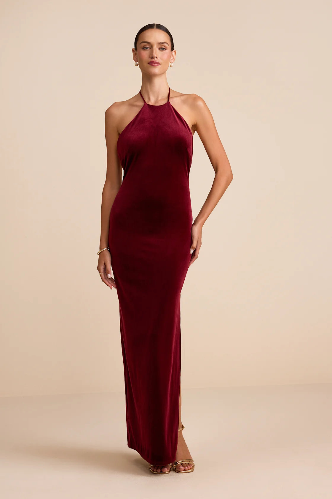 Emelina Wine Red Velvet Halter Maxi Dress
