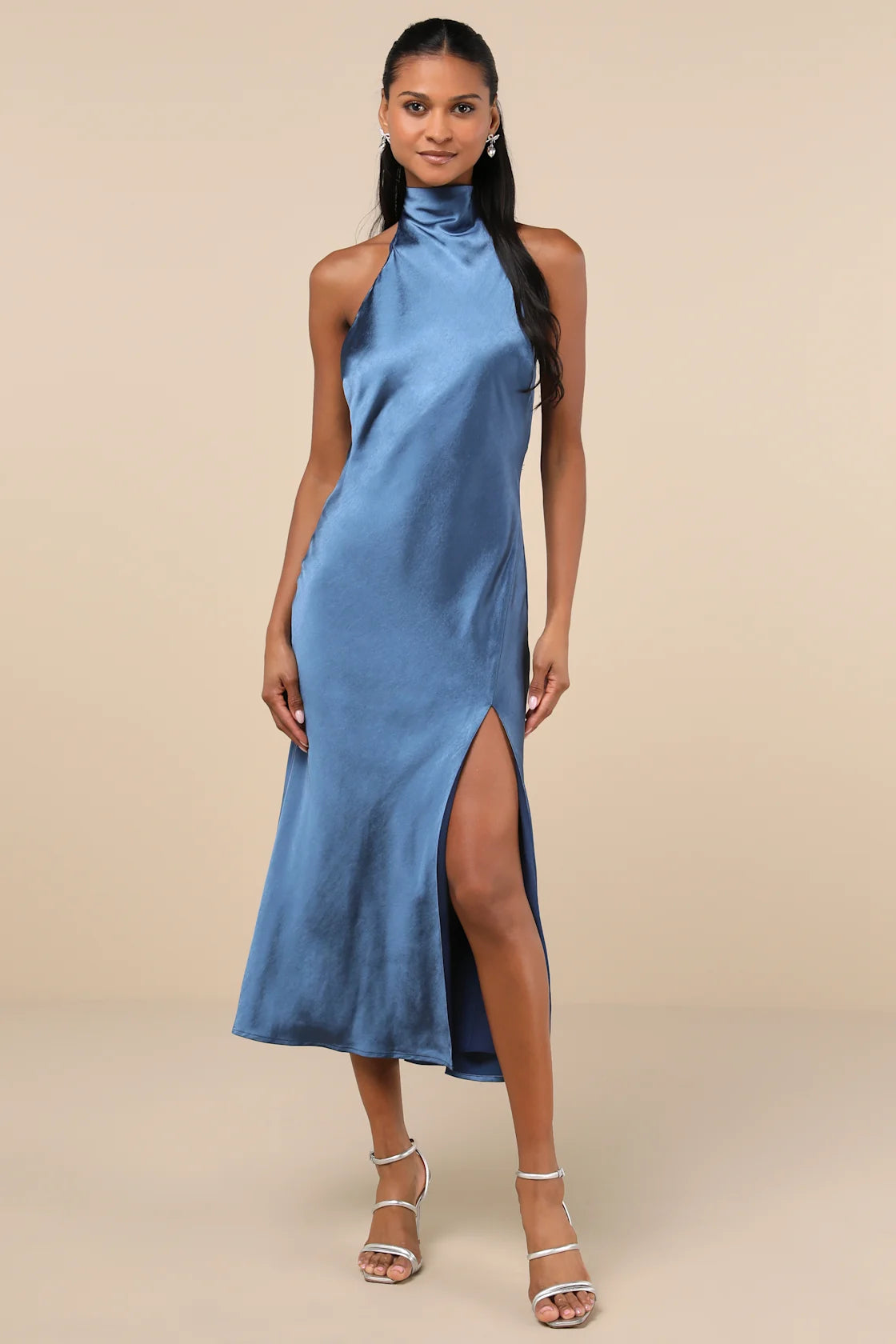 Exceptional Status Rust Halter Backless Slip Midi Dress