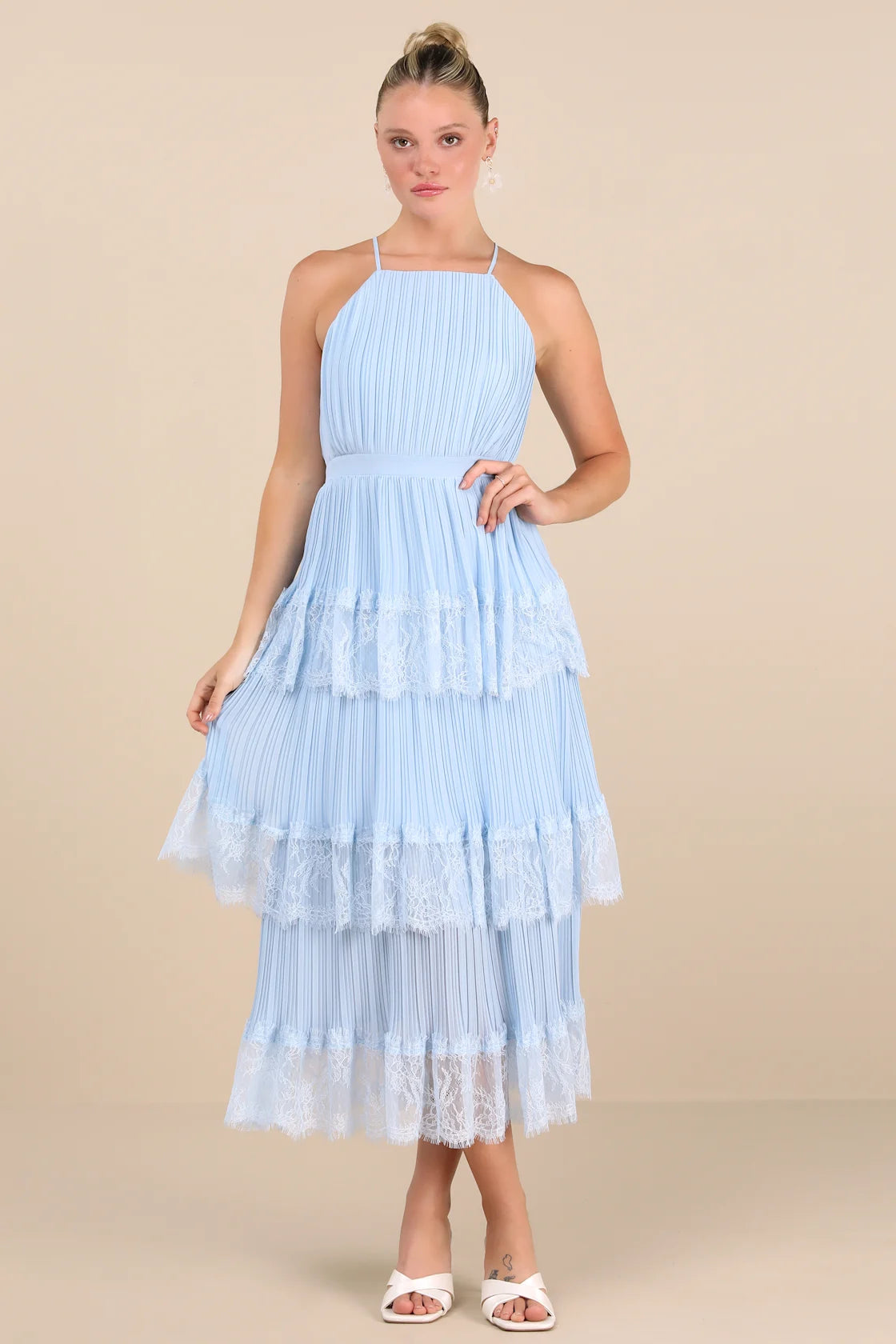 Came For Cocktails Light Blue Pleated Tiered Lace Maxi Dress