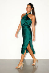 Jacey Emerald Satin Halter Midi Dress