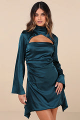 Sultry Elevation Dark Teal Satin Long Sleeve Cutout Mini Dress
