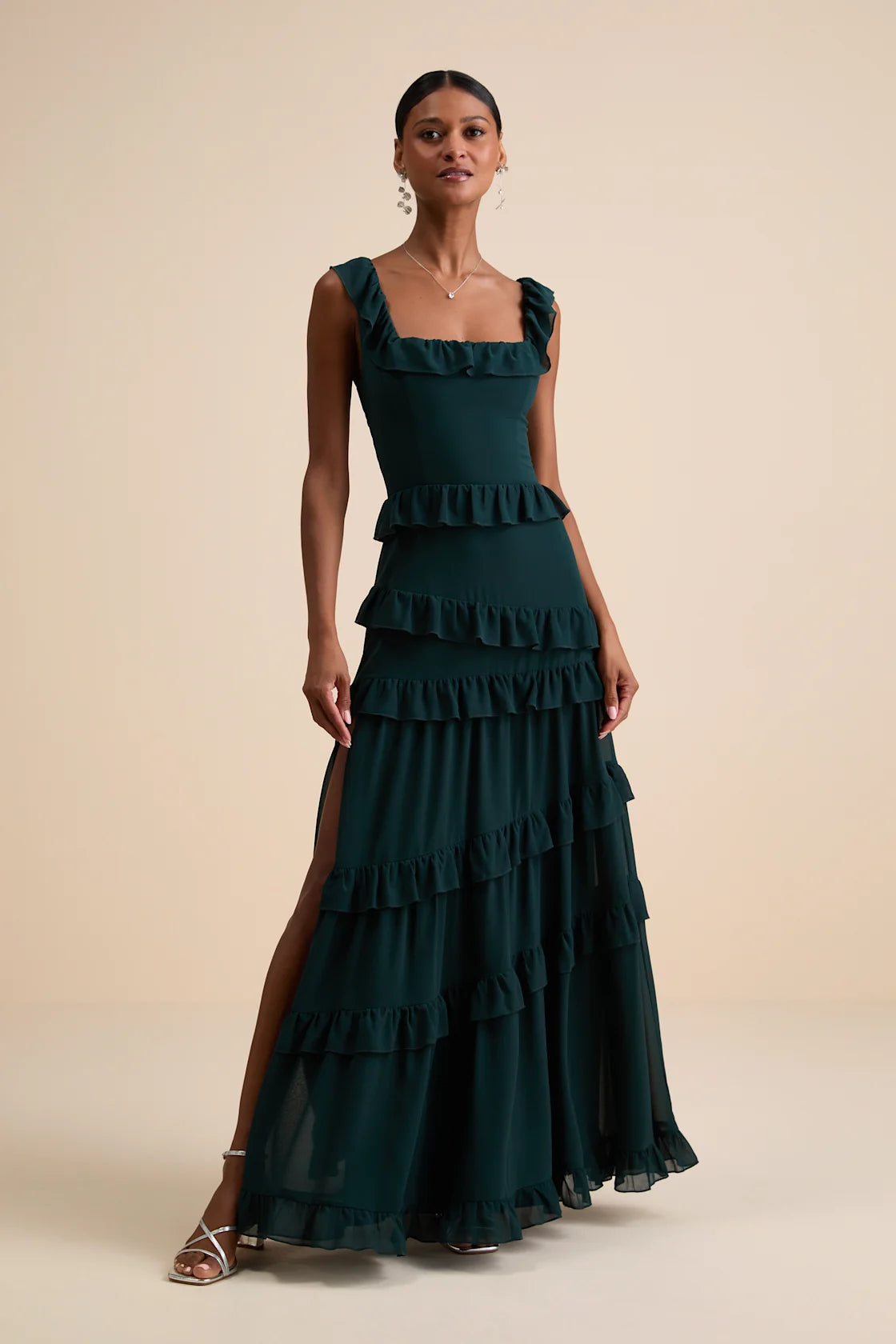 Compelling Romantic Dark Green Ruffled Tiered Maxi Dres