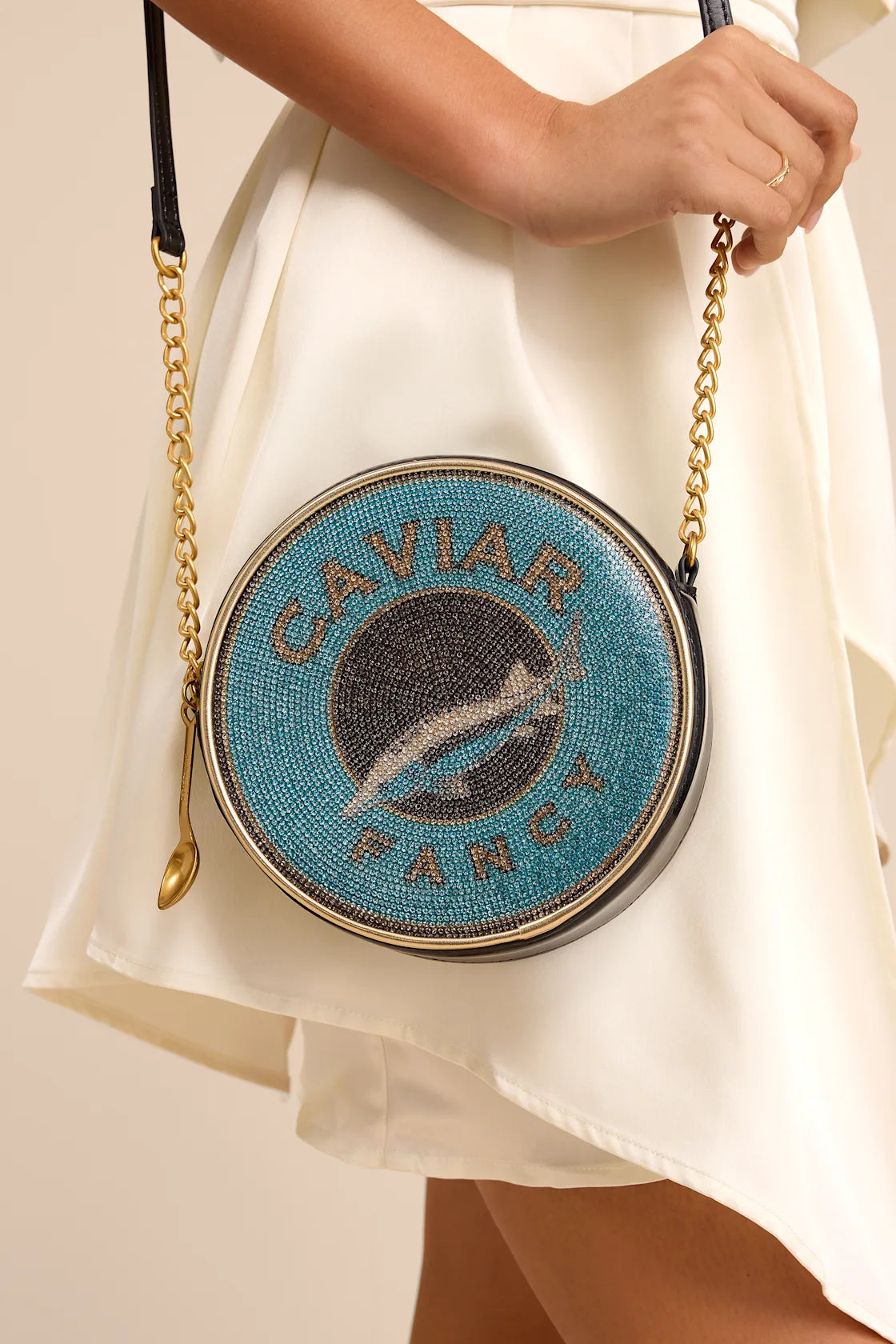 Caviar Tin Blue Rhinestone Crossbody Bag