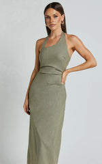 Lindley Midi Dress - Halter Neck Linen Look Dress in Olive