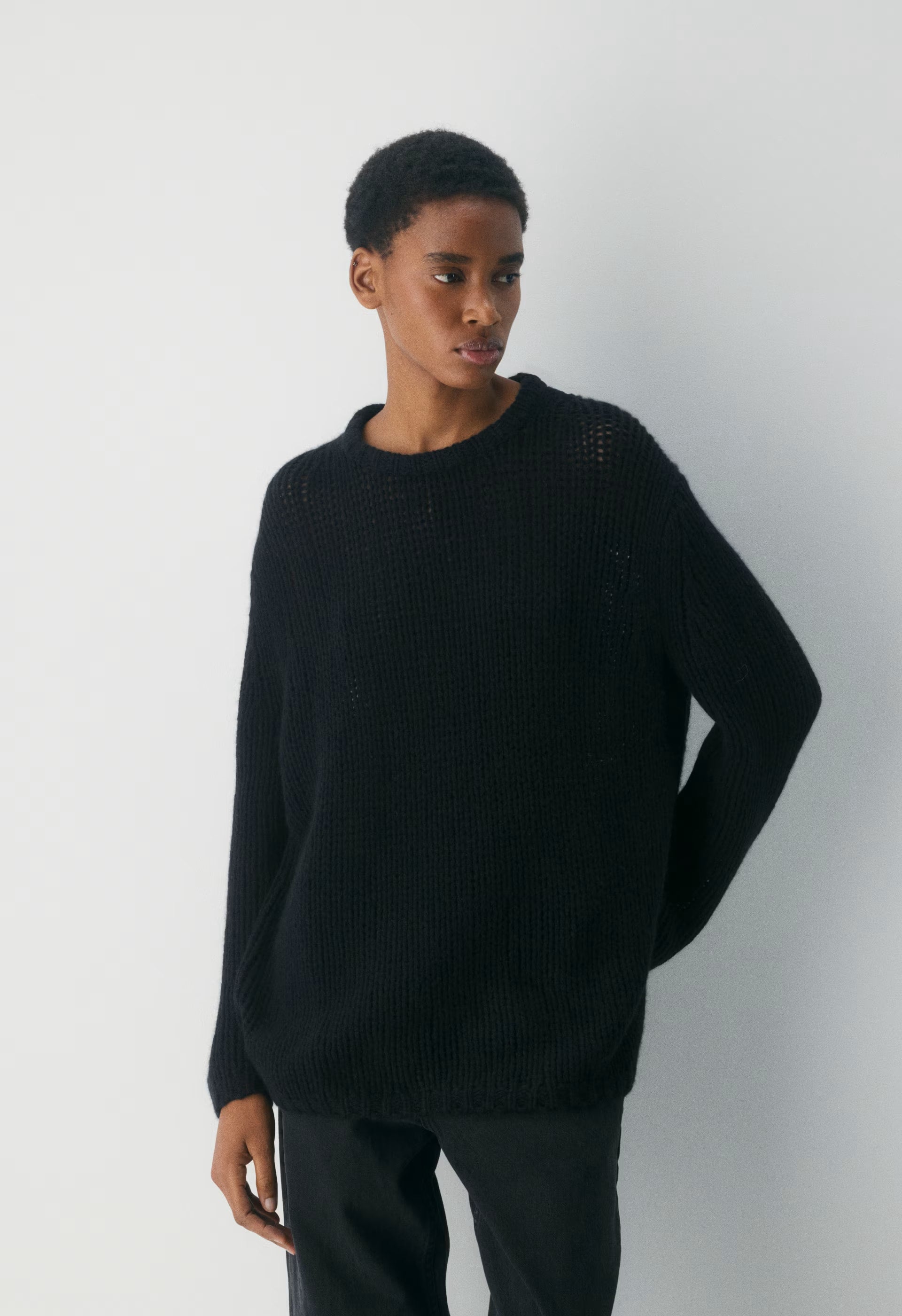 Mesh Cashmere Oversized Crew Sweater - HEATHER CHROME