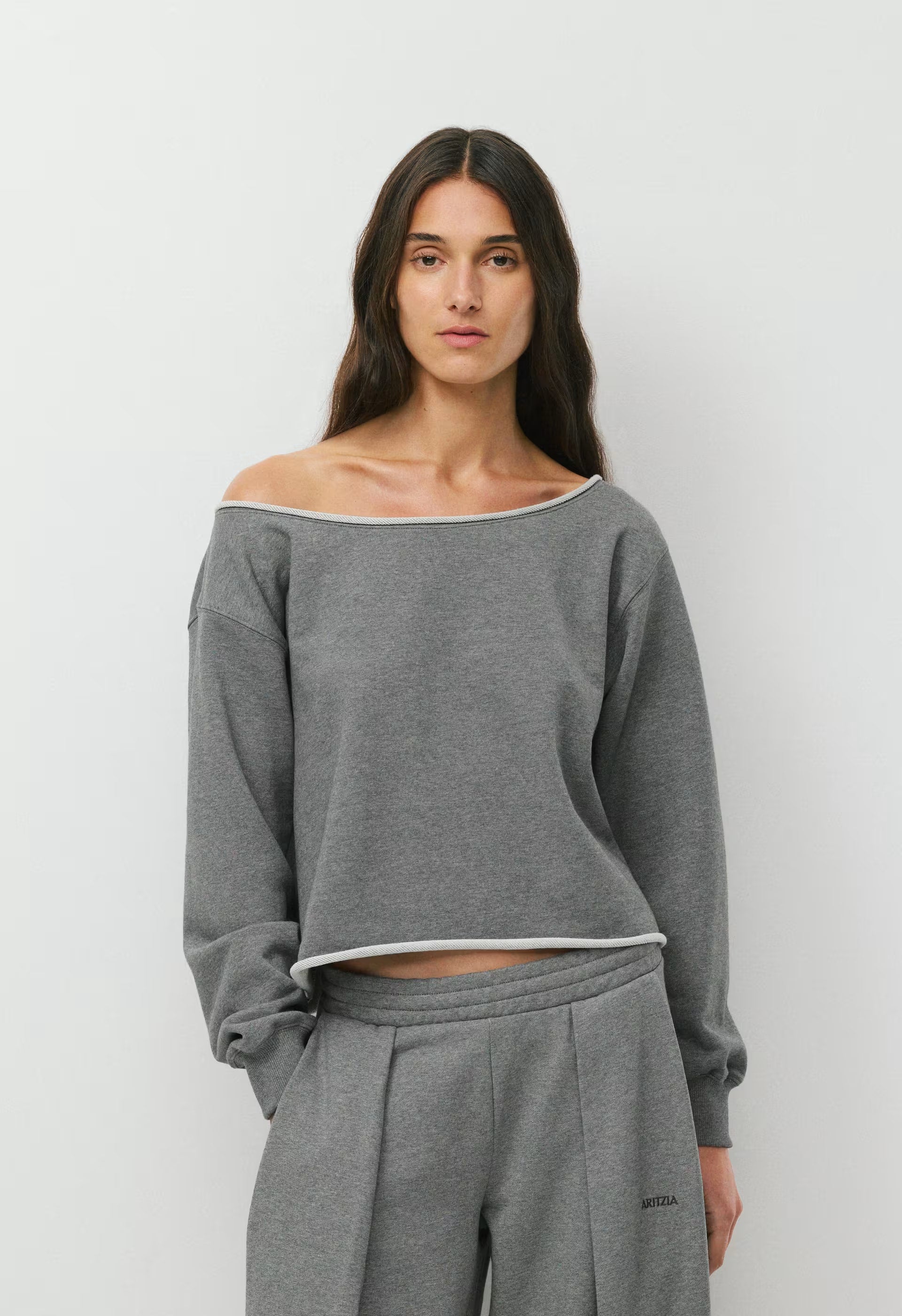 Terry Sweatfleece Perfect Off-Shoulder Top - HEATHER DARK GREY