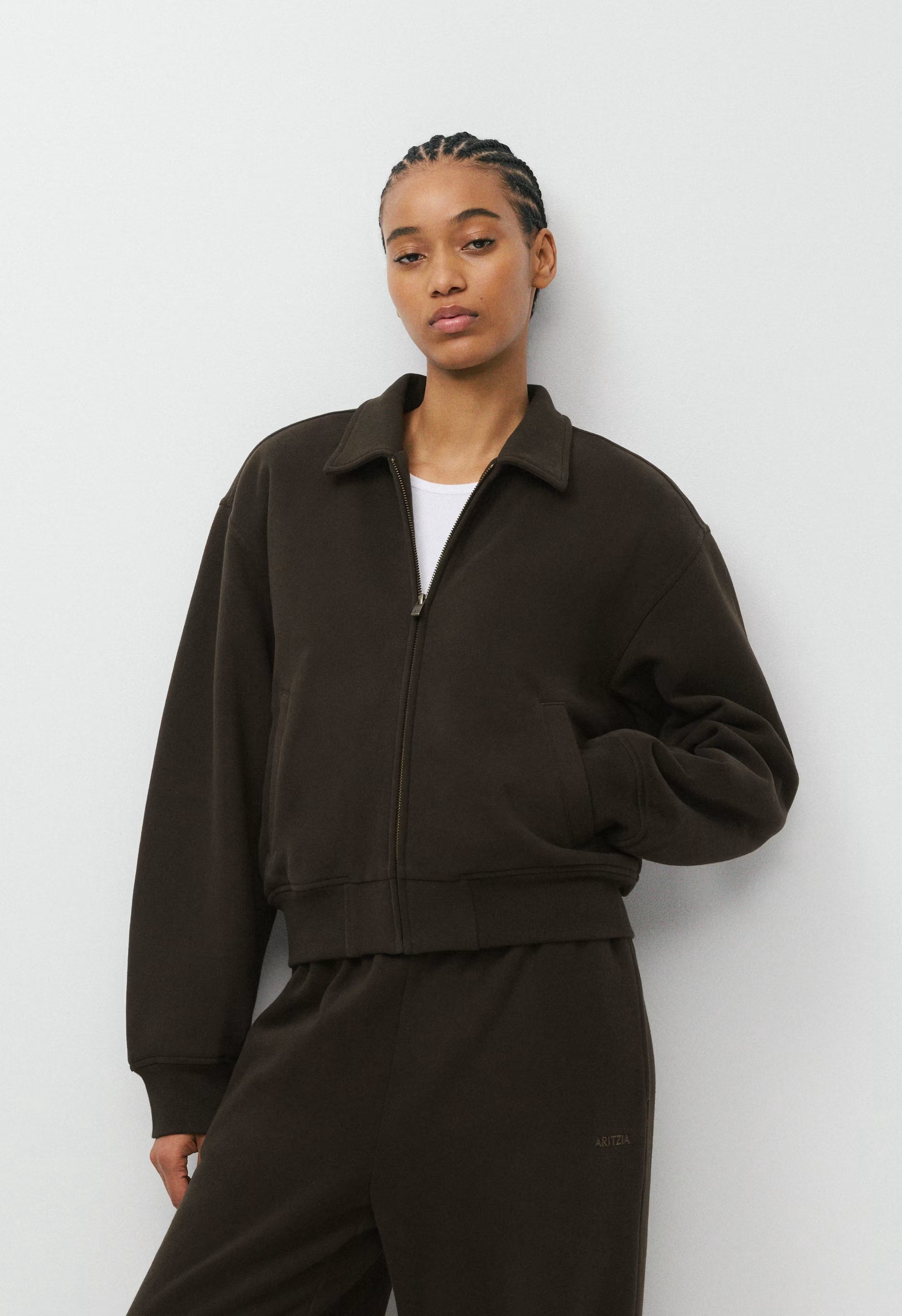 Cozy Sweatfleece Boyfriend Blouson Jacket - CACAO NIB BROWN