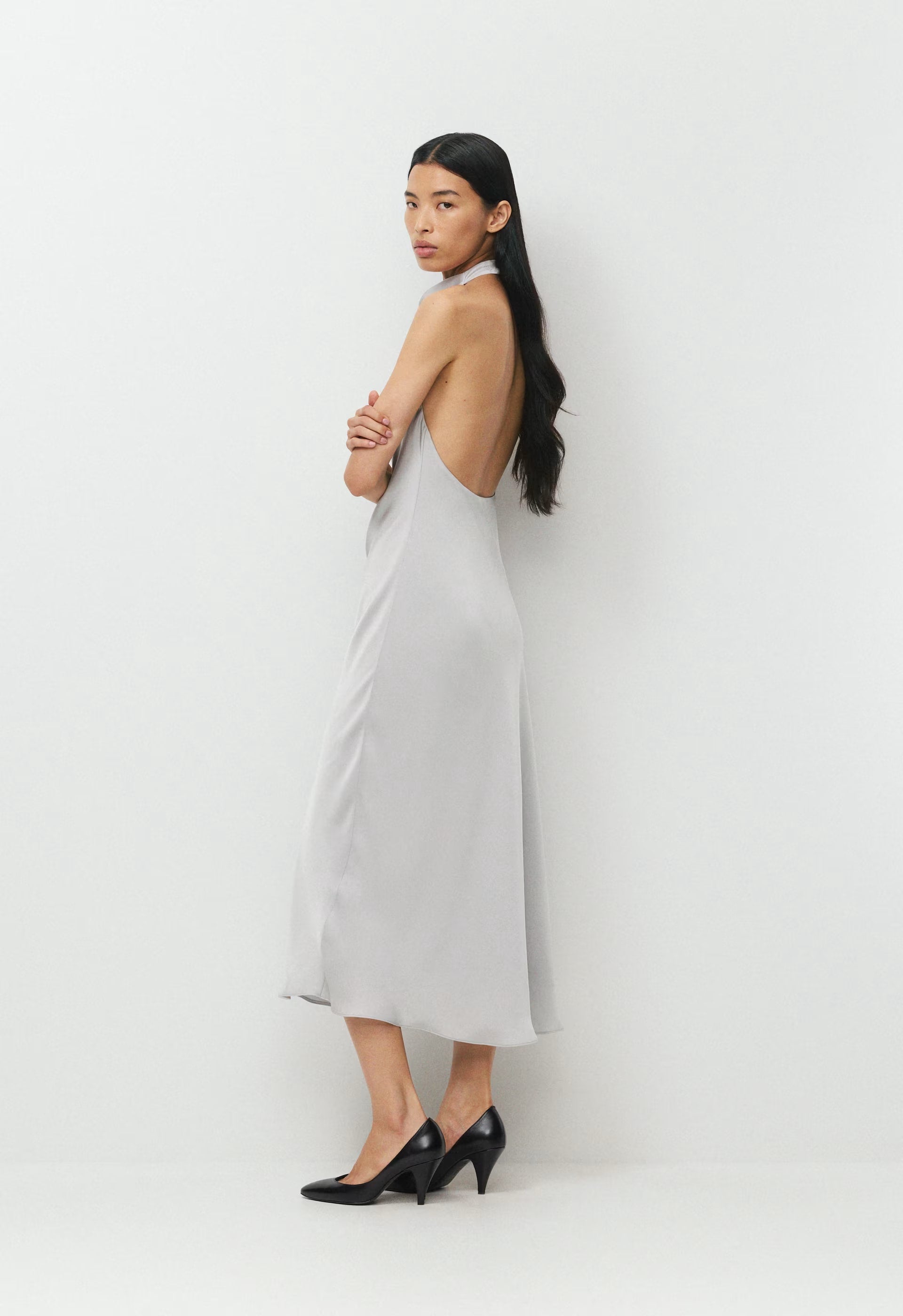 Audience Satin Maxi Halter Dress - MONUMENT GREY