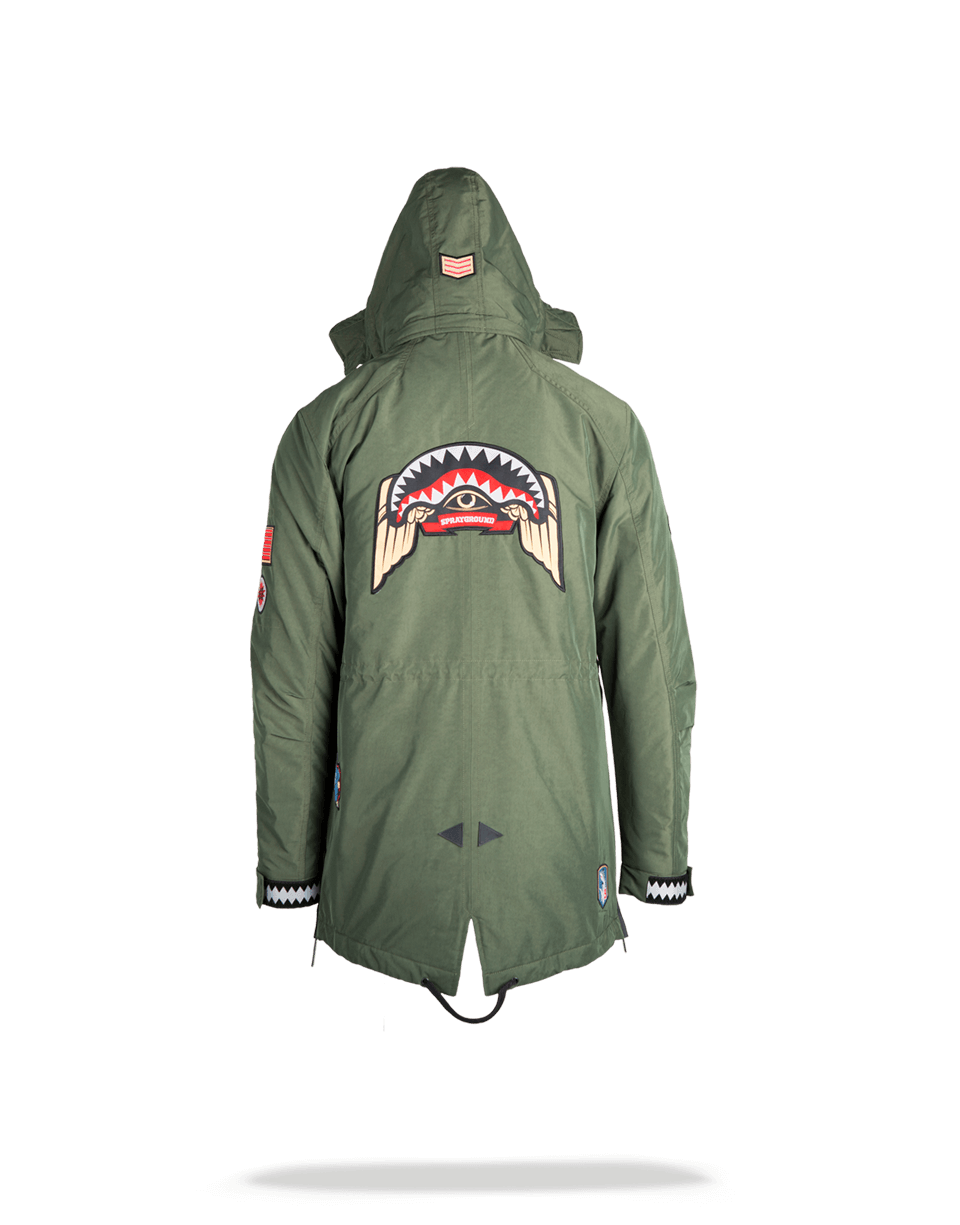 GREEN ARMY PATCHES LONG PARKA HOODY MENS (SIZE SMALL)
