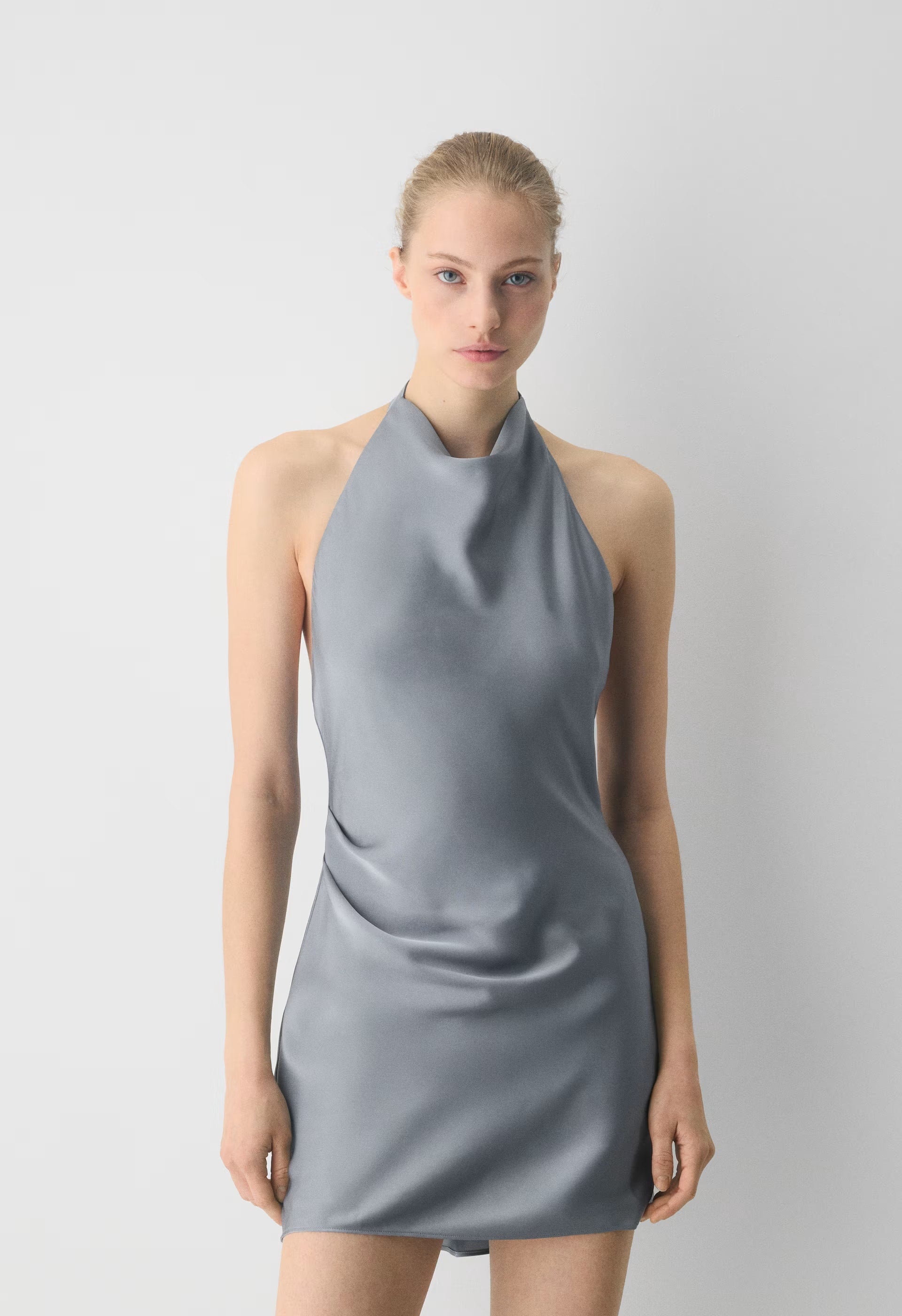 Audience Satin Mini Halter Dress - RIVERSTONE GREY