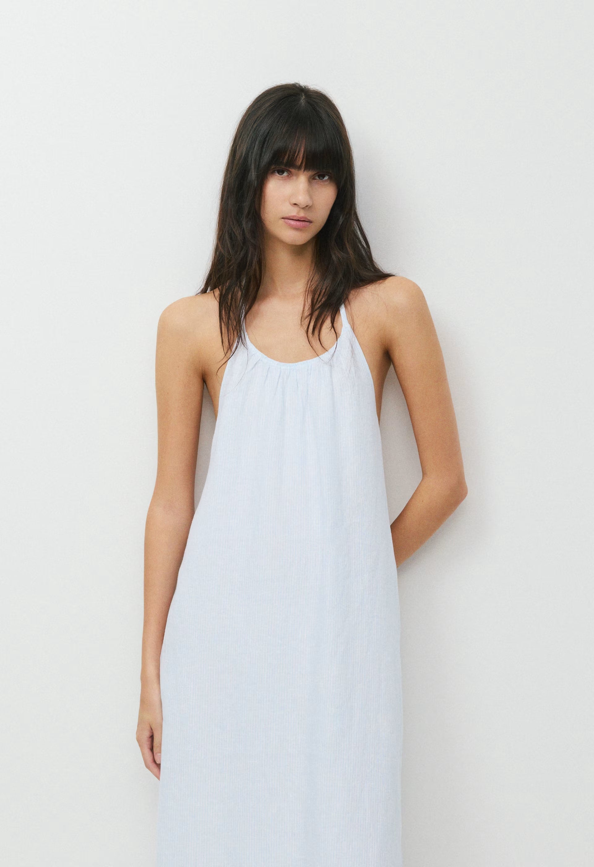 Sunpost Linen Halter Dress - WLN STP WHT/CRNFLR BL