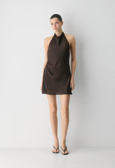 Audience Satin Mini Halter Dress - RICH MOCHA BROWN