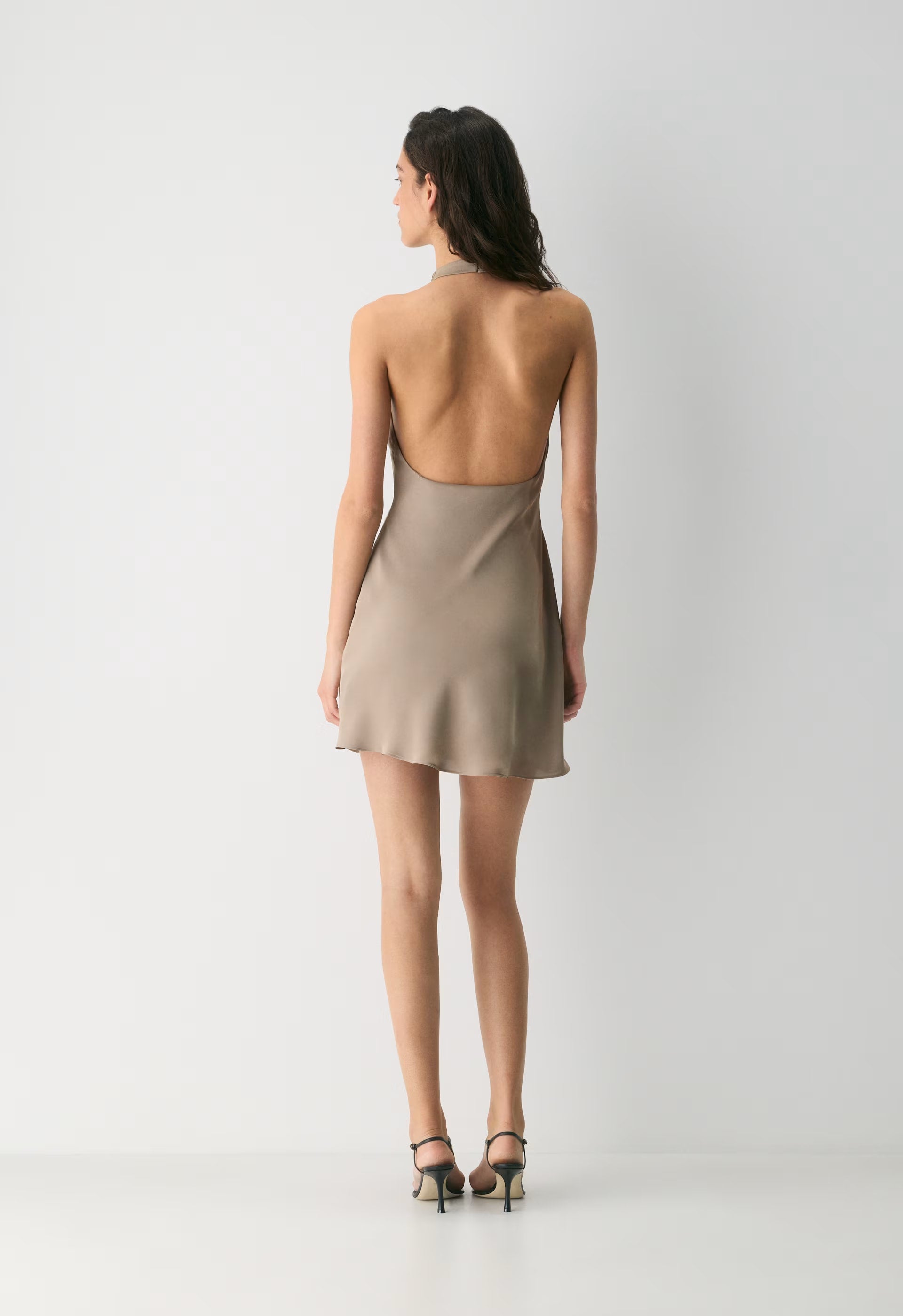 Audience Satin Mini Halter Dress - NOMAD TAUPE