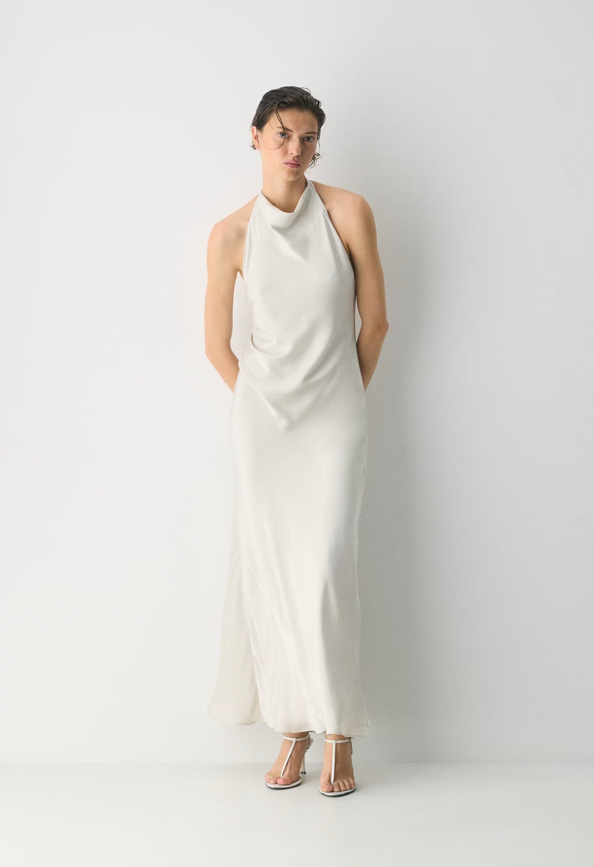 Audience Satin Full Halter Dress - MATTE PEARL