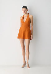 Nightscape Linen Halter Micro Dress - MESA ORANGE